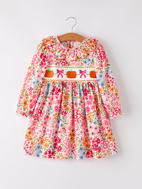 fall-halloween-thanksgiving-pumpkin-bow-smock-embroidered-floral-dress Rylee Faith Designs - Sophia's StyleDress-1
